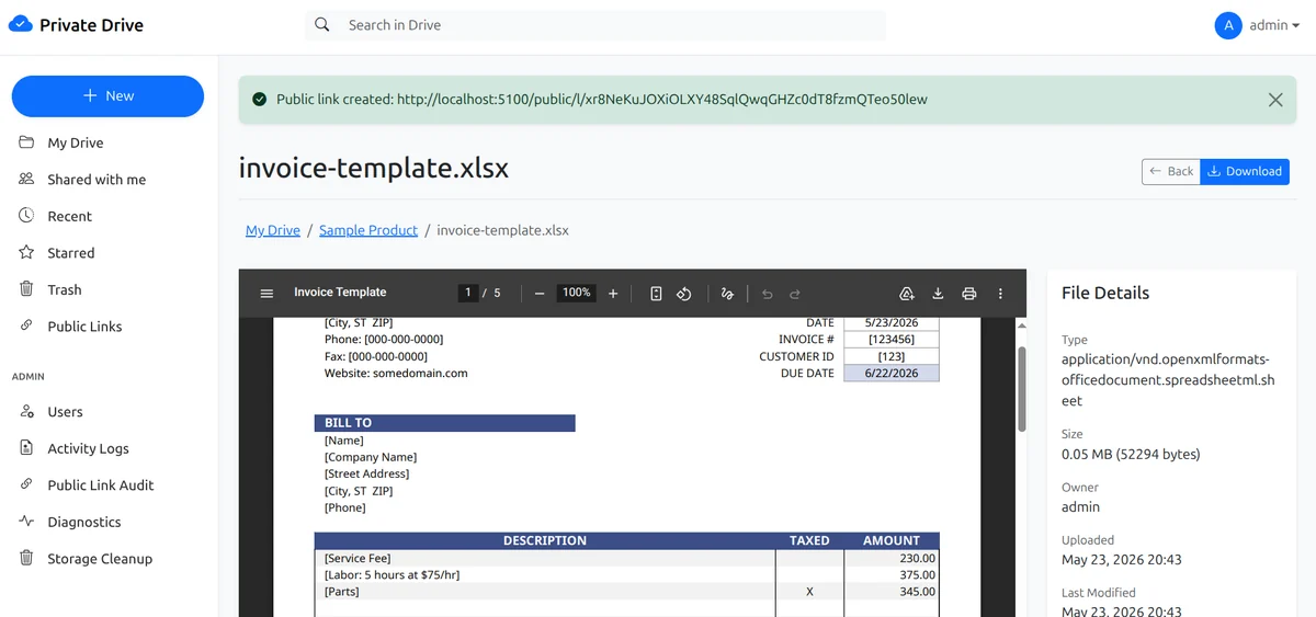 In-browser document previews - OpenPrivateDrive dashboard screenshot