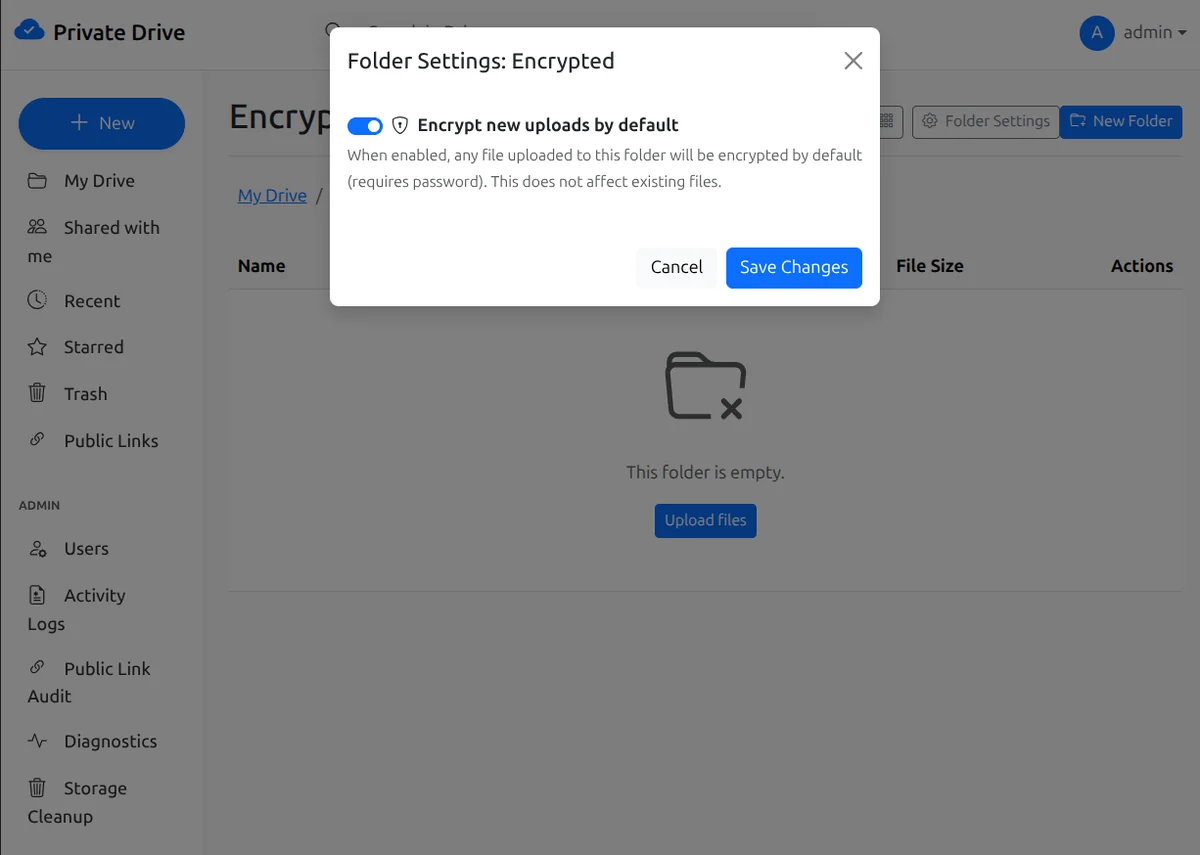 Auto-encrypted workspaces - OpenPrivateDrive dashboard screenshot