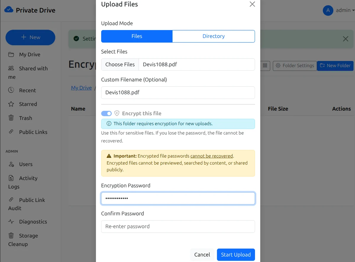 OpenPrivateDrive encrypted upload flow with password protection, AES-256-GCM encryption, and scrypt key derivation.
