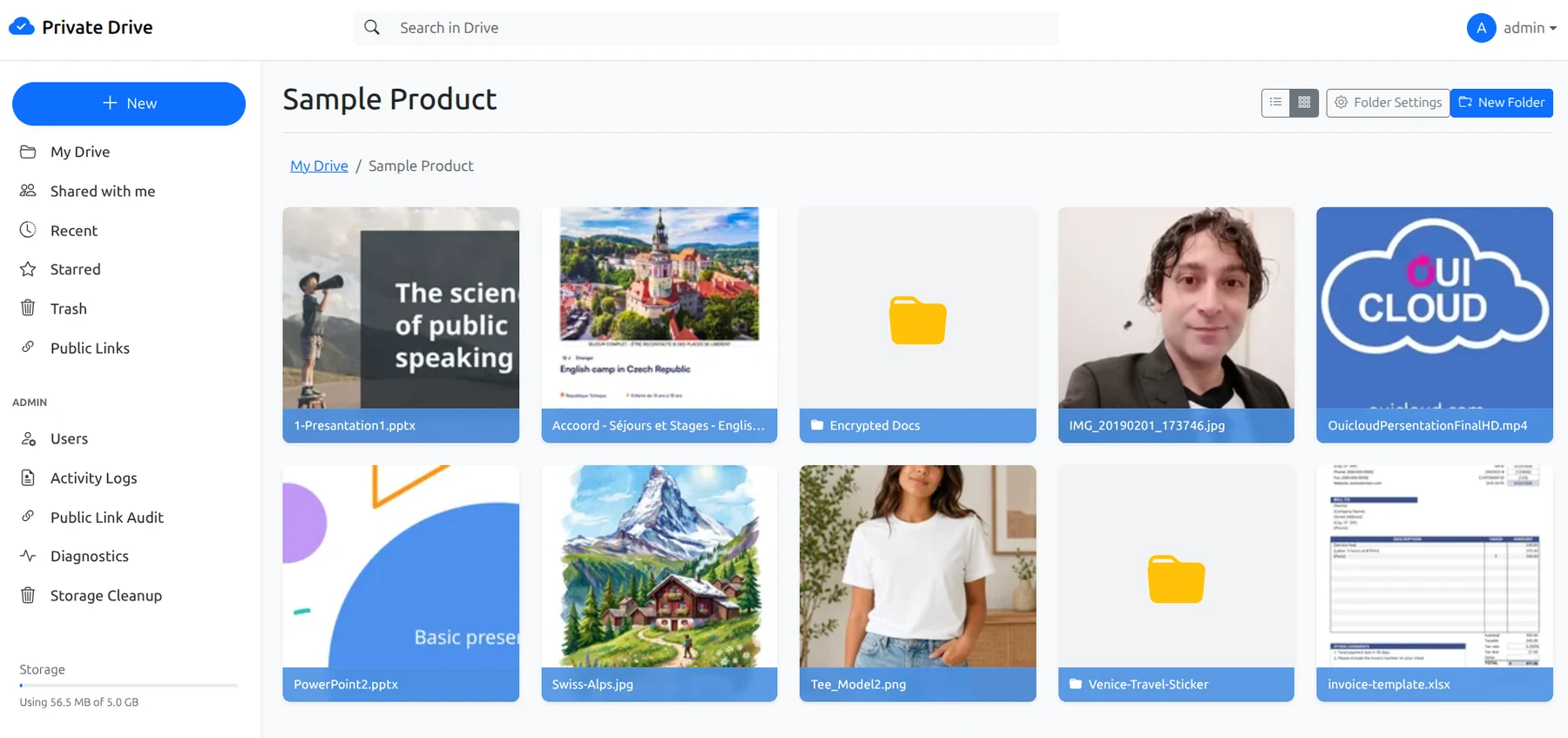 OpenPrivateDrive private drive dashboard with file grid, folders, previews, search, admin tools, and storage usage.