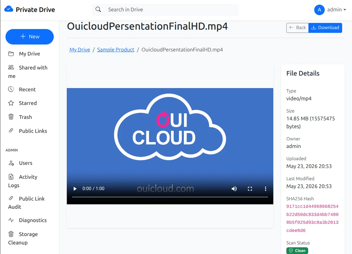 Rich media previews - OpenPrivateDrive dashboard screenshot