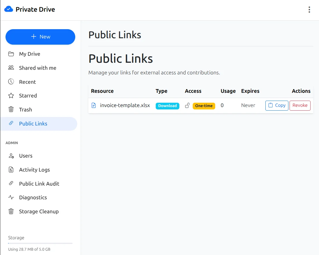 Protected public download links - OpenPrivateDrive dashboard screenshot