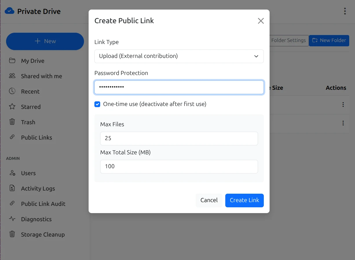 OpenPrivateDrive public upload request link modal with optional password, one-time use, max files, and max total size