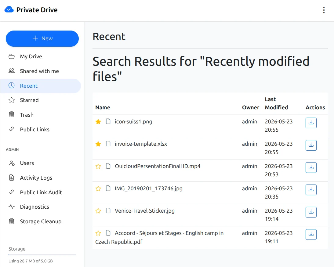 Integrated content search - OpenPrivateDrive dashboard screenshot